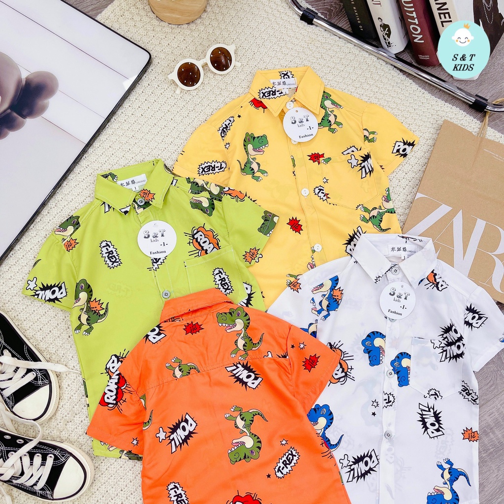 AT05 - Áo sơ mi bé trai, áo sơ mi cho bé trai in hình ngộ nghĩnh, chất đũi từ 8-25kg