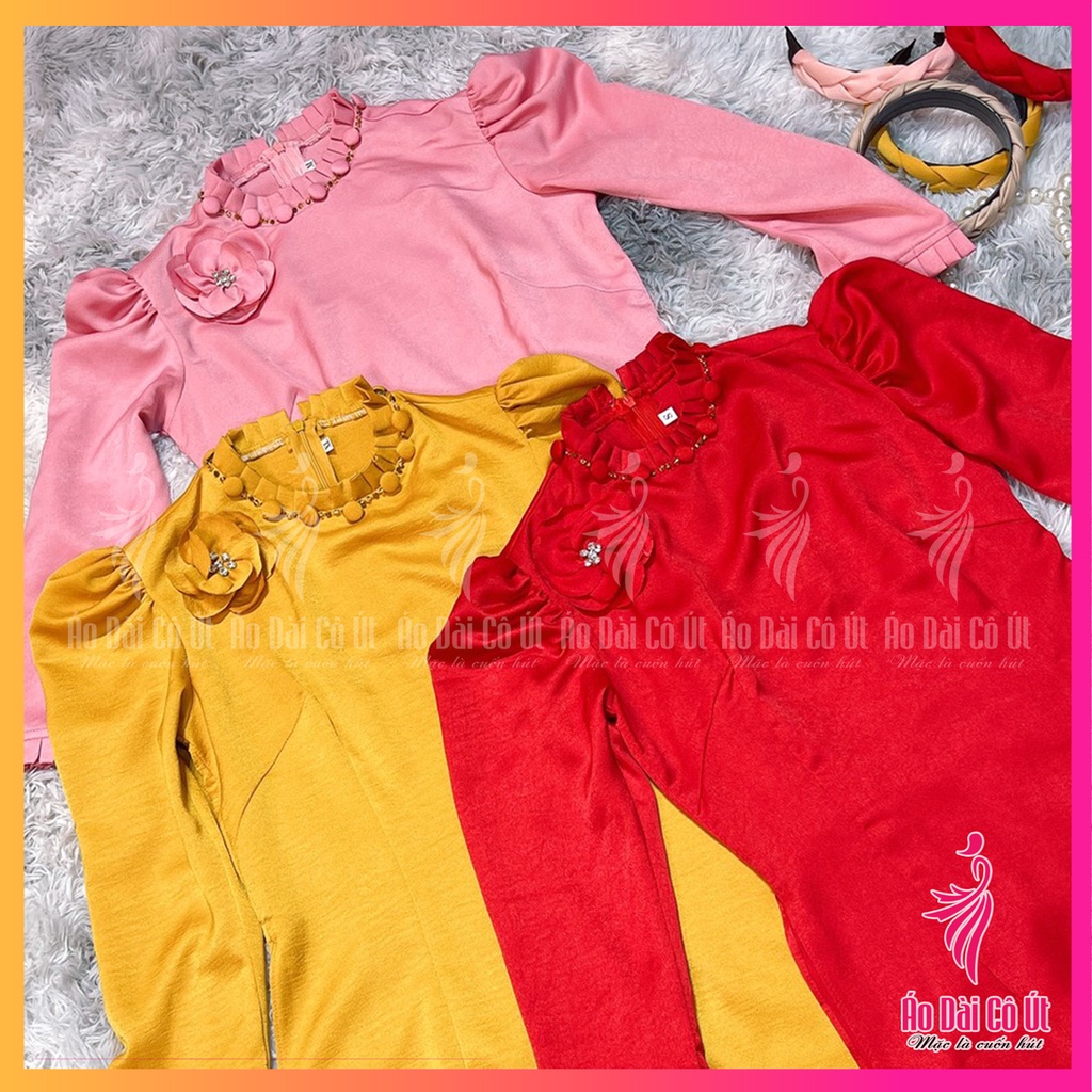 Áo dài lụa tây thi tay bồng cánh dài cổ xếp ly đính cúc đính hoa đẹp dùng cho cưới hỏi lễ tết dự tiệc