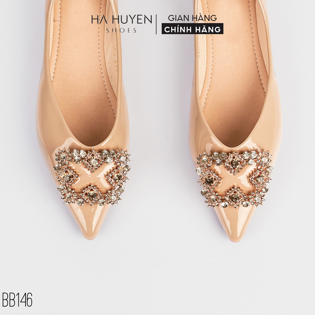 Giày bệt nữ Hà Huyền Shoes da bóng mũi nhọn đính nơ đá 4 cánh sang trọng - BB146