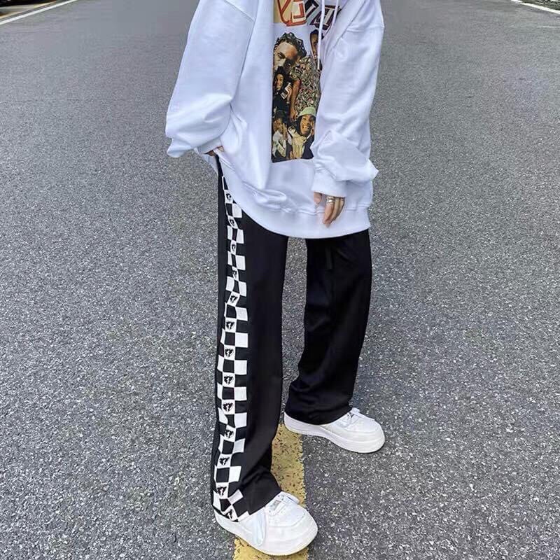 Quần jogger ống suông dây rút viền caro  - Long pant line unisex