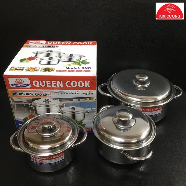 Combo bộ 3 nồi inox Kim Cương Queen Cook inox SUS201