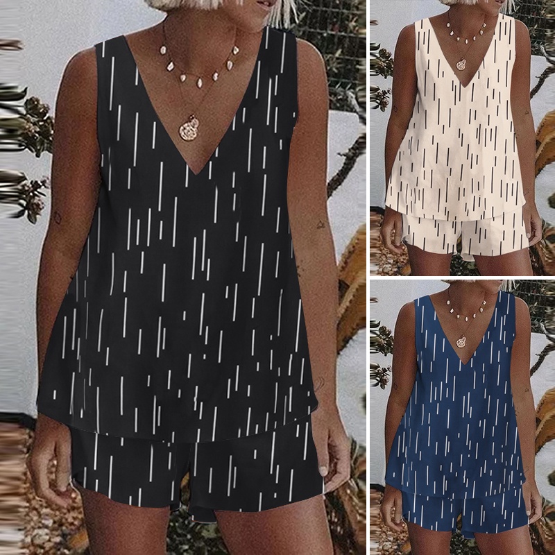 Set áo thun không tay và quần short Zanzea in họa tiết thời trang dành cho nữ