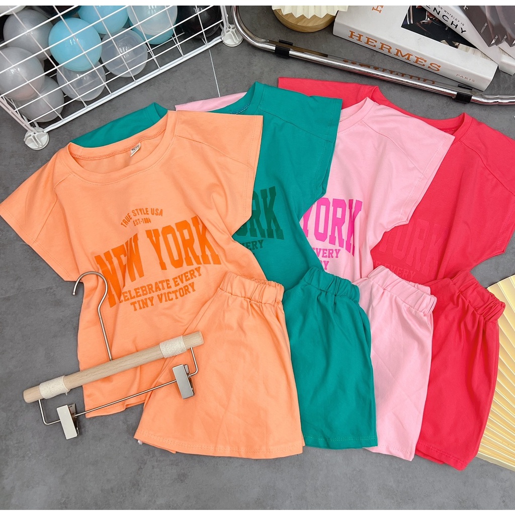 Bộ bé hè bé gái, bộ chất cotton 4c NEW YORK quần váy cạp rời size 20-32kg