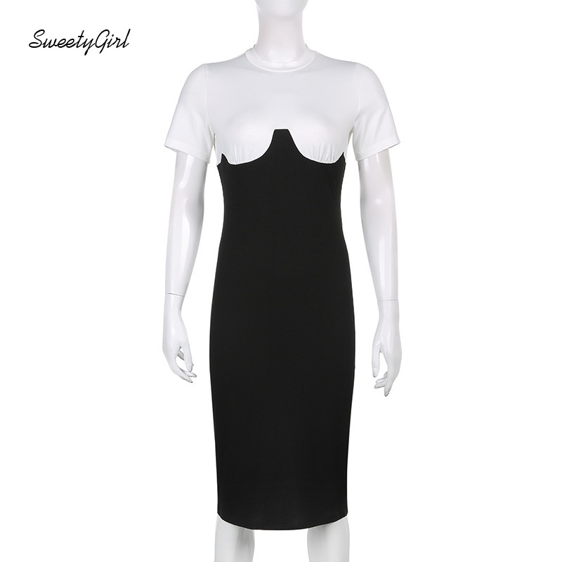 Đầm Midi Tay Ngắn Cổ Tròn Dáng Ôm Phối Màu Tương Phản Thời Trang Cho Nữ