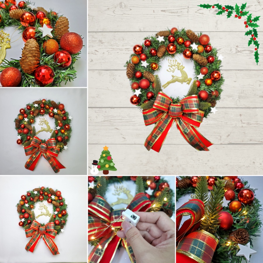 Vòng Hoa Trang Trí Noel D43 size 40cm Tặng Kèm Đèn, Vòng Nguyệt Quế Giáng Sinh