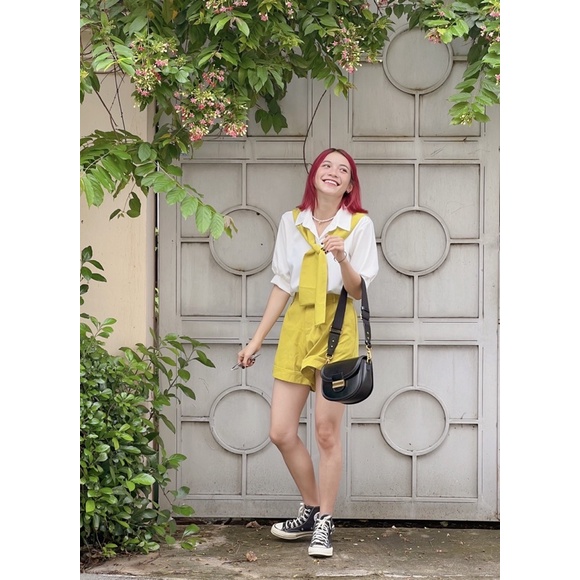 [Sẵn] Set áo sơ mi tay bồng + khăn cổ + quần short 2 màu xinh xắn
