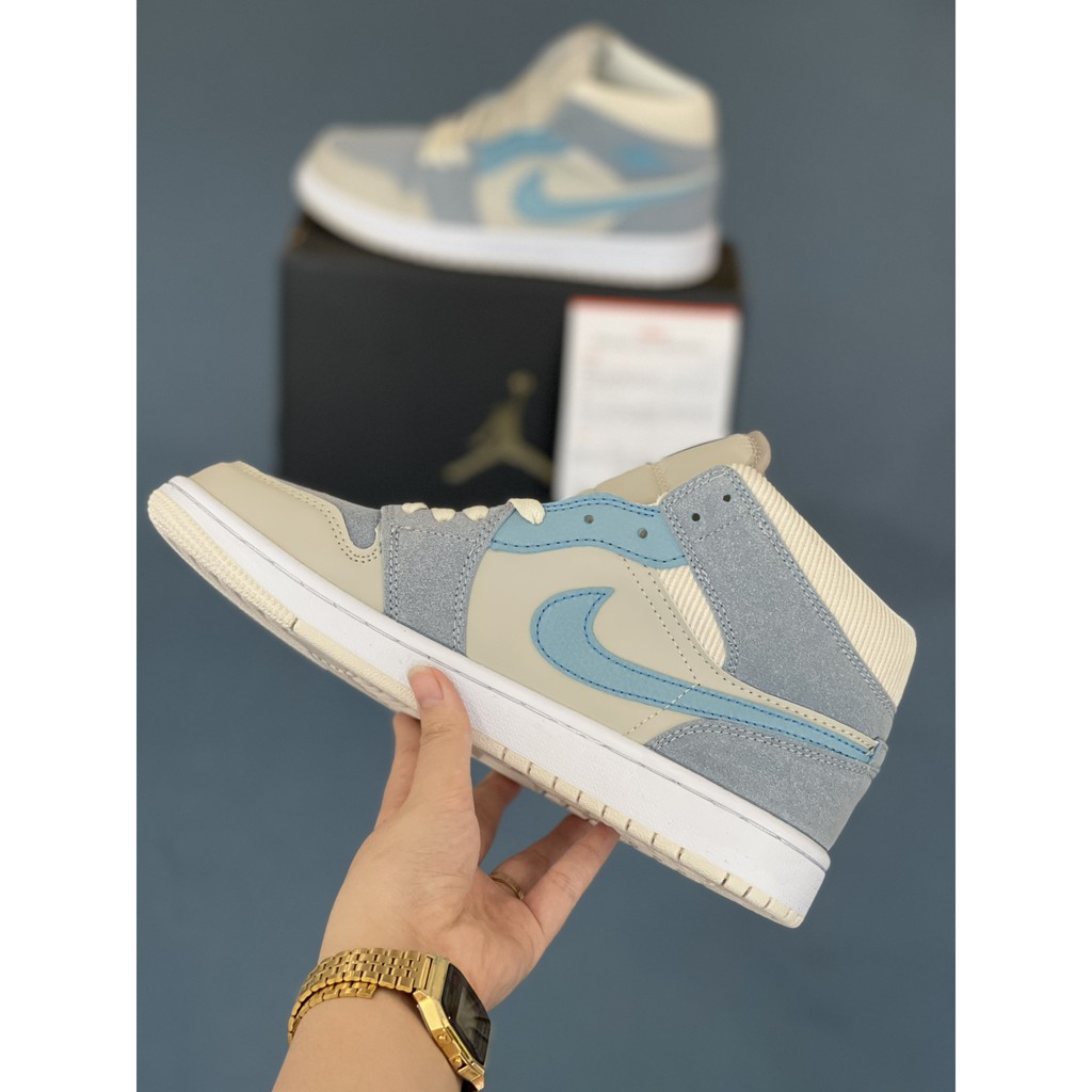Giày Sneaker Nữ Jordan 1 Mid Mixed Textures Blue Xanh Lam Fullbox, Giày thể thao nữ jordan 1 cổ vừa cực kì dễ thương