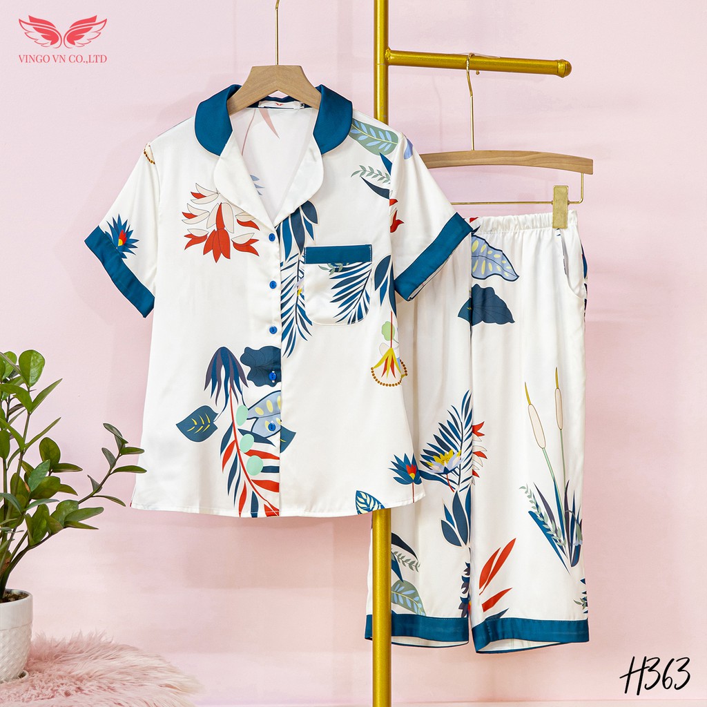 VINGO Bộ Đồ Ngủ Pijama Mặc Nhà Nữ Lụa Pháp Cao Cấp Tay Cộc Quần Lửng Họa Tiết Lá Thanh Lịch Phối Nền Trắng H363 VNGO