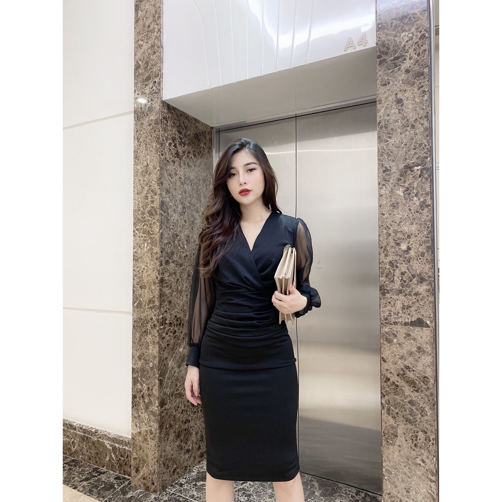 Đầm đen body đen tay dài phối voan cổ tim nhún eo chất umi Hàn Quốc co giãn tôn lên vẻ đẹp quý phái dành cho phái đẹp | BigBuy360 - bigbuy360.vn