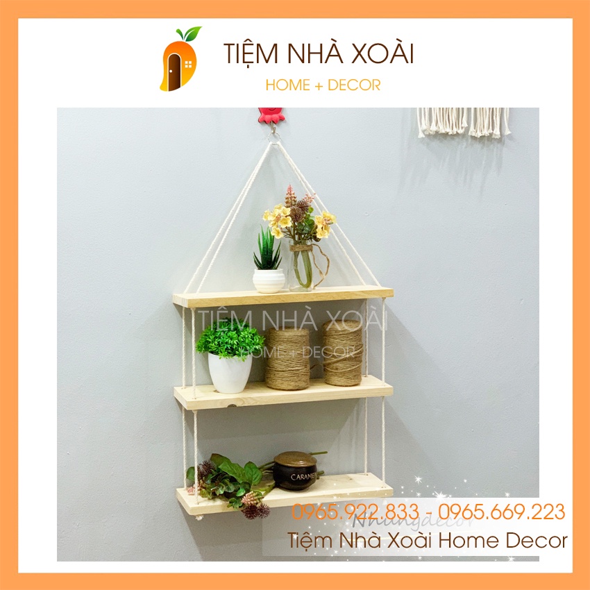 Bộ Kệ Gỗ Trang Trí 3 Tầng treo tường bản gỗ 40x10cm TẶNG Dây Thừng, Khoen Treo