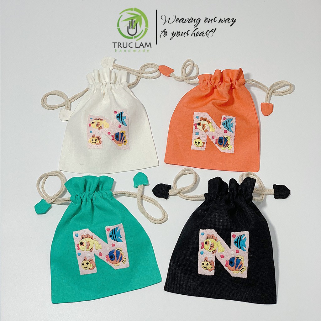 Túi Dây Rút Thêu Tay Họa Tiết Chữ Cái N Phối Hoa Văn Nhiều Màu Sắc - Trúc Lâm Handmade