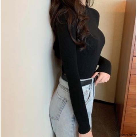 Áo dệt kim áo cổ cao màu trơn chất vải co giãn thời trang mùa đông cho nữ