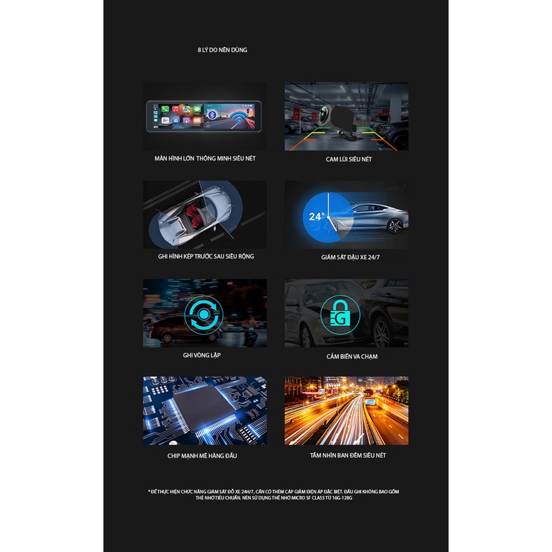 Camera hành trình ô tô A10 kết nối Carplay / Android Auto hỗ trợ wifi bluetooth màn hình 4K phía trước và 1080p phía sau