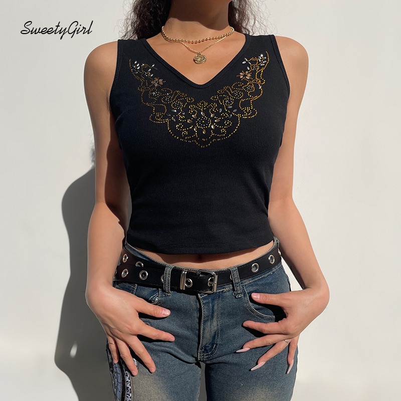 Áo Hai Dây Cổ Chữ V Đính Đá Phong Cách Retro Dành Cho Nữ