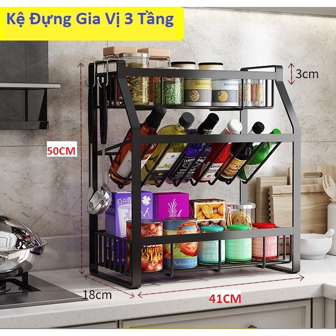 Kệ Đựng Gia Vị 3 Tầng Chất Liệu Thép Carbon, Kệ Để Đồ Nhà Bếp - TAB03