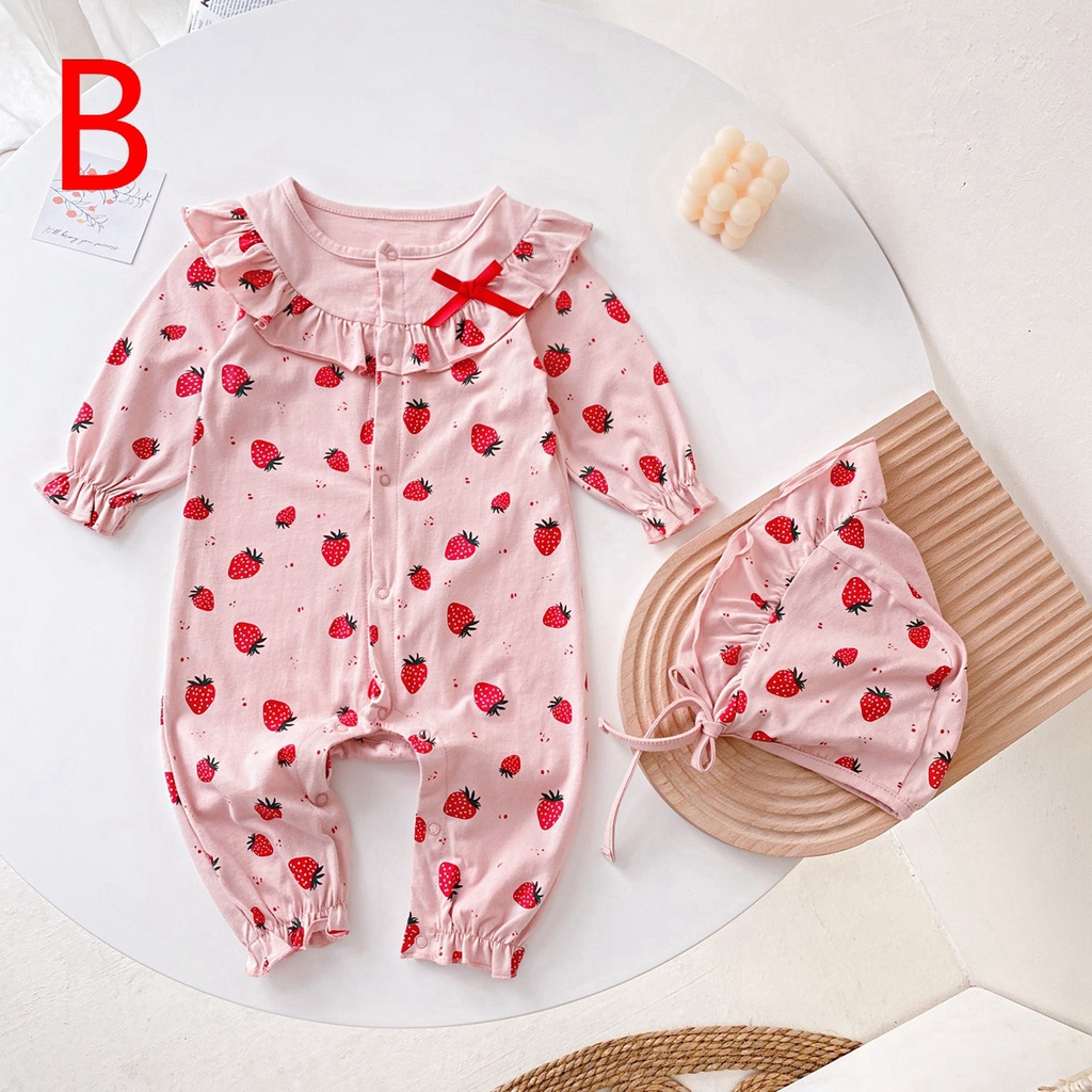 Áo liền quần Sanlutoz tay dài in họa tiết dâu tây dễ thương kèm nón xinh xắn cho bé gái