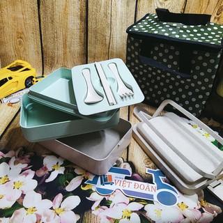 Hộp cơm NHỰA LÚA MẠCH + . Phù hợp nhân viên văn phòng - sinh viên (3 khay +Thìa +đũa +muỗng +Quà)