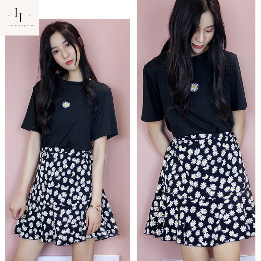 Set váy áo hoa nhí babydoll gồm chân váy chữ A 2 lớp và áo thun nữ hoa cúc Liao shop | BigBuy360 - bigbuy360.vn
