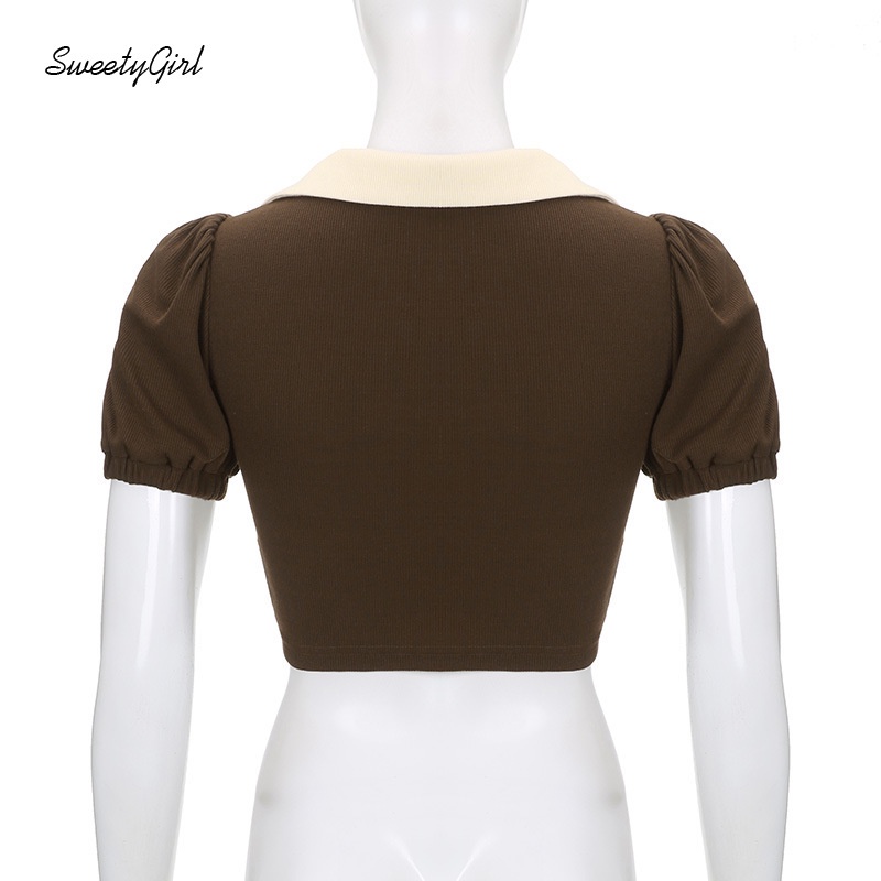 Áo Thun Tay Ngắn Phồng Cổ Chữ V In Chữ Màu Sắc Tương Phản Thời Trang Cho Nữ 2022