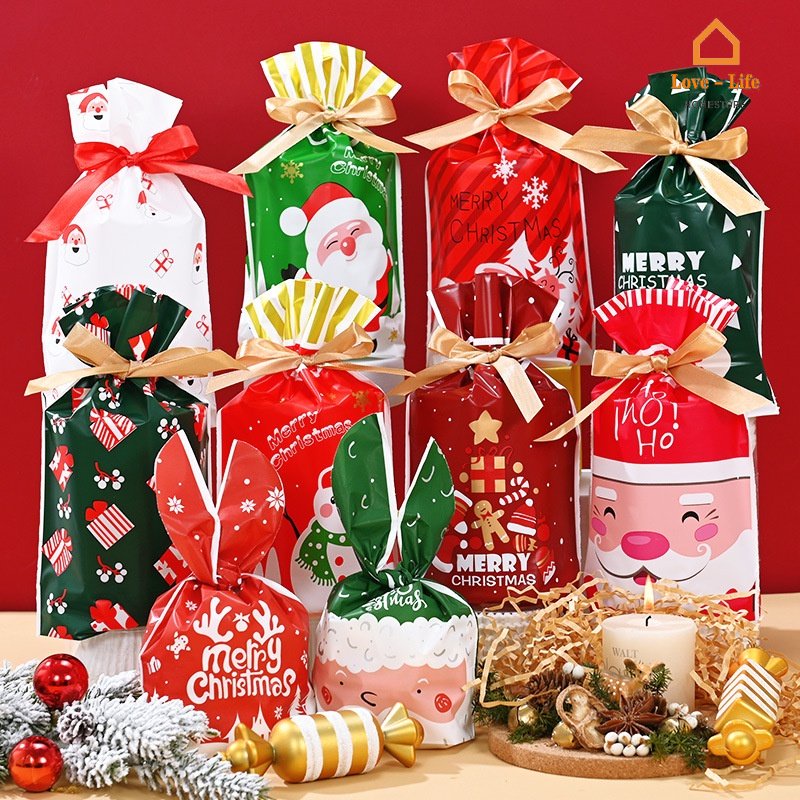 Set 10 Túi Nhựa Đựng Bánh Kẹo Họa Tiết Giáng Sinh Kèm Dây Ruy Băng / Ông Già Noel