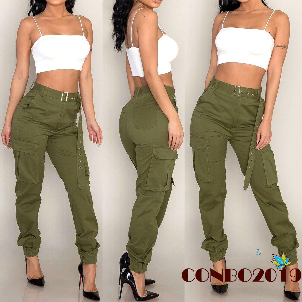 Quần dài jogger kiểu quân sự thời trang màu khaki/đỏ/xanh lá dành cho nữ