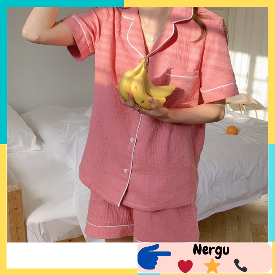 Bộ Ngủ Nữ Cộc Tay Pyjama Đũi Xốp Trơn Màu Cổ Viền