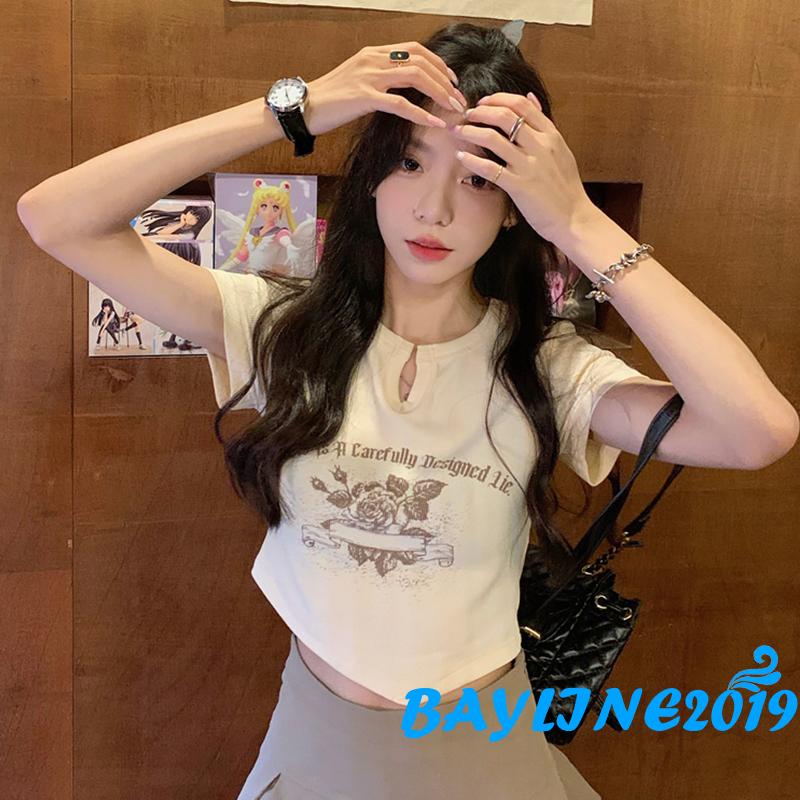 Áo Thun Crop Top Nữ Tay Ngắn In Chữ Và Hoa Thời Trang Mùa Hè