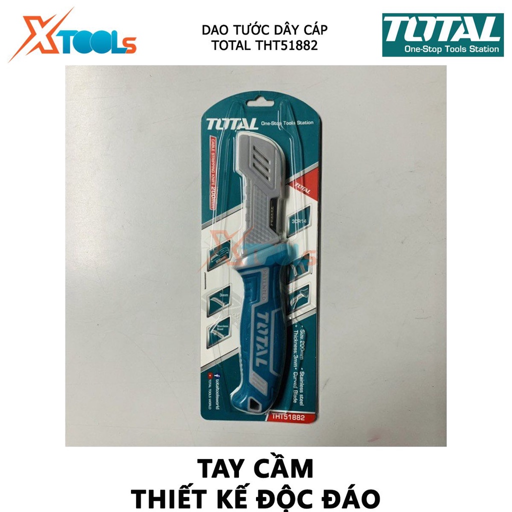 Dao tước dây cáp lưỡi cong TOTAL THT51882 | dụng cụ tuốt dây điện Kích thước 200mm, Chất liệu thép không gỉ, Có nắp vỏ n