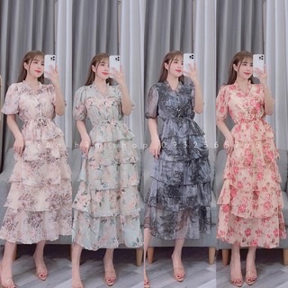 váy maxi hoa 5 tầng cổ v tay CỘC nhiều màu sắc