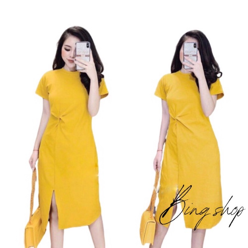 Váy suông nữ xoắn eo cổ tròn form rộng vải dày đẹp Bingshop