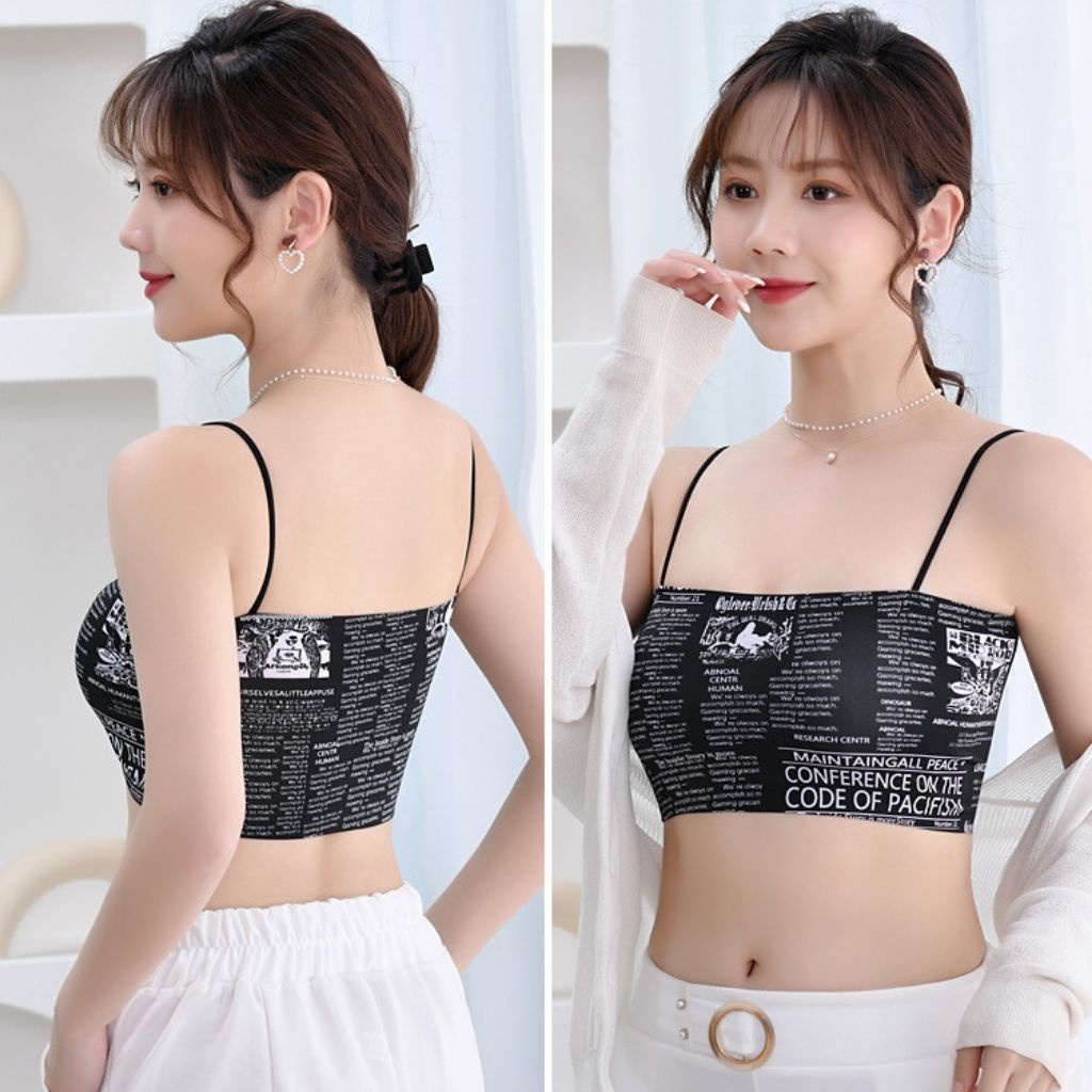 Áo bra nữ 2 dây chất su mặc cực mát và thoải mái,áo lót đệm mút mỏng họa tiết báo chí đẹp phong cách cá tính JOCOSI B835