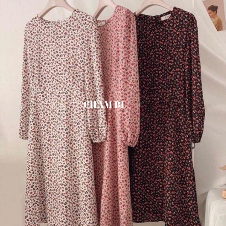 Đầm Hoa Nhí Dài Tay Cổ Tròn 3 màu Trắng, Hồng, Đỏ đen - V.033 | BigBuy360 - bigbuy360.vn