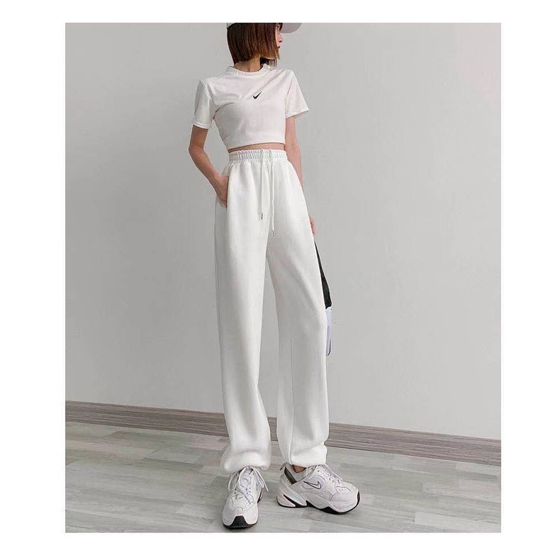 White Track Pants Women's Ankle-Tied Loose All-Match Fashion Straight Casual Sweatpants High Waist Drooping Wide Leg Pants Summer