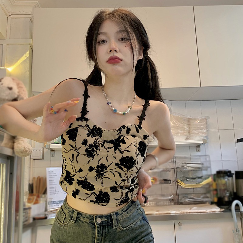 Áo Hai Dây In Hoa Có Đệm Ngực Thời Trang Hàn Quốc Gợi Cảm Cho Nữ