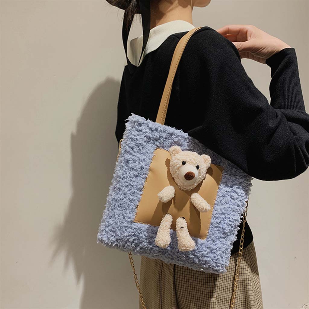 Túi handmade, Túi tự đan len xù Vuông kèm gấu LEN05 có video hướng dẫn Kawaii_Handmade