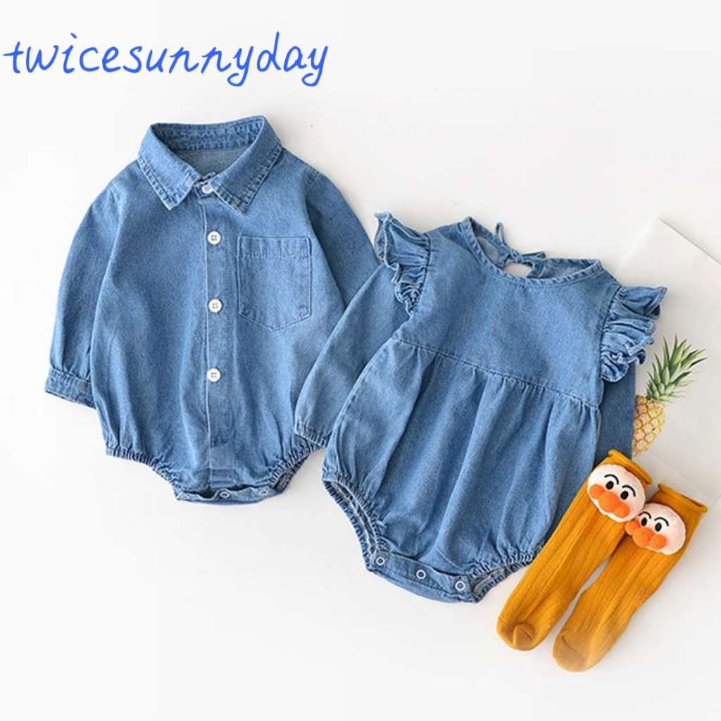 Bộ áo liền quần denim trơn màu cho bé gái