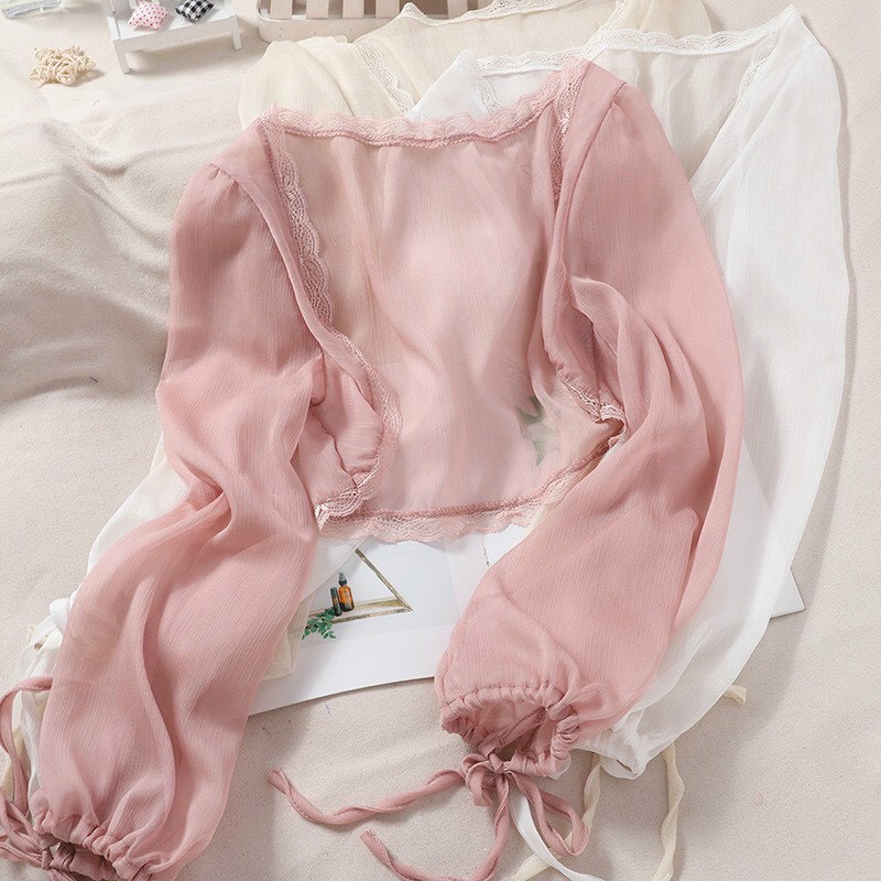 Áo Khoác Croptop Mỏng Viền Ren Cho Nữ Xinh Xắn Chất Mềm Mịn Mát