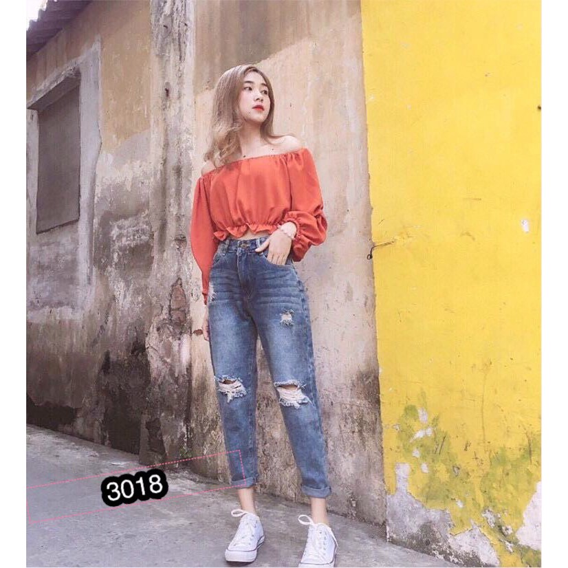 Quần Jeans Nữ Phối Rách Cao Cấp OHS3018