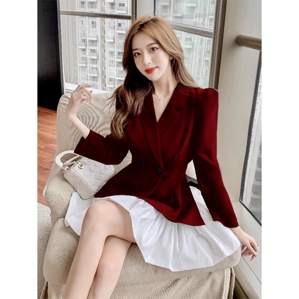 SET ÁO VEST ĐỎ TAY DÀI + CHÂN VÁY BÍ XOÈ ÁNH NHŨ