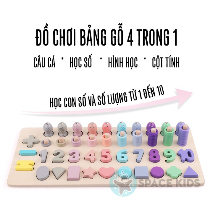 Đồ chơi gỗ thông minh 4 trong 1 cỡ lớn cho trẻ em học số, cột tính, ghép hình khối và câu cá - Space Kids