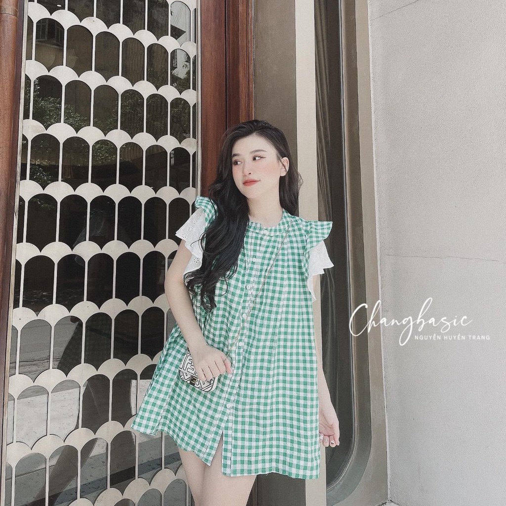 Đầm Kẻ Xanh Cánh Tiên Xòe Cúc Cổ Tàu Siêu Hot