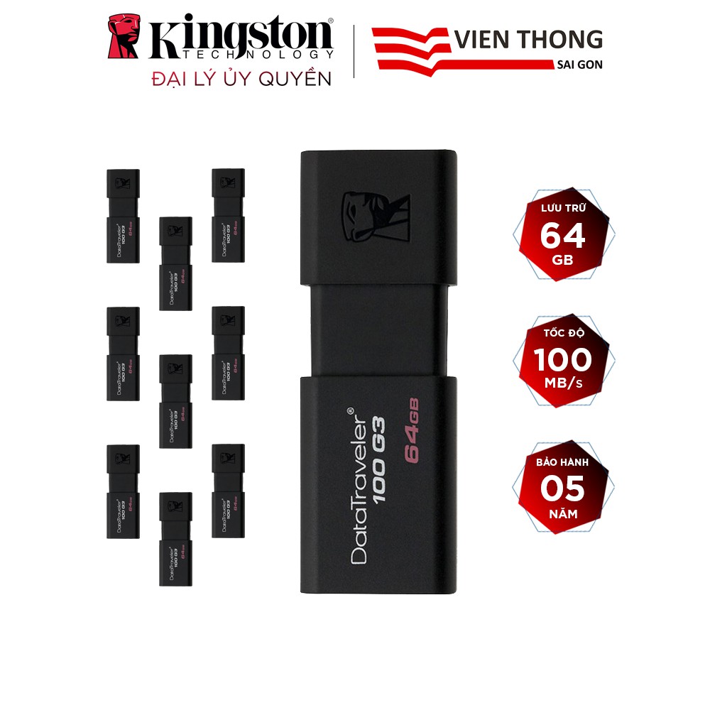 Bộ 10 USB 3.0 Kingston DT100G3 64GB tốc độ upto 100MB/s - Hãng phân phối chính thức