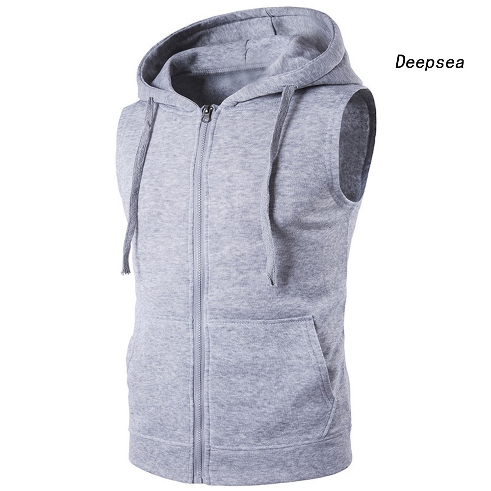 Áo khoác Hoodie sát nách màu trơn phối túi thời trang cho nam dp5