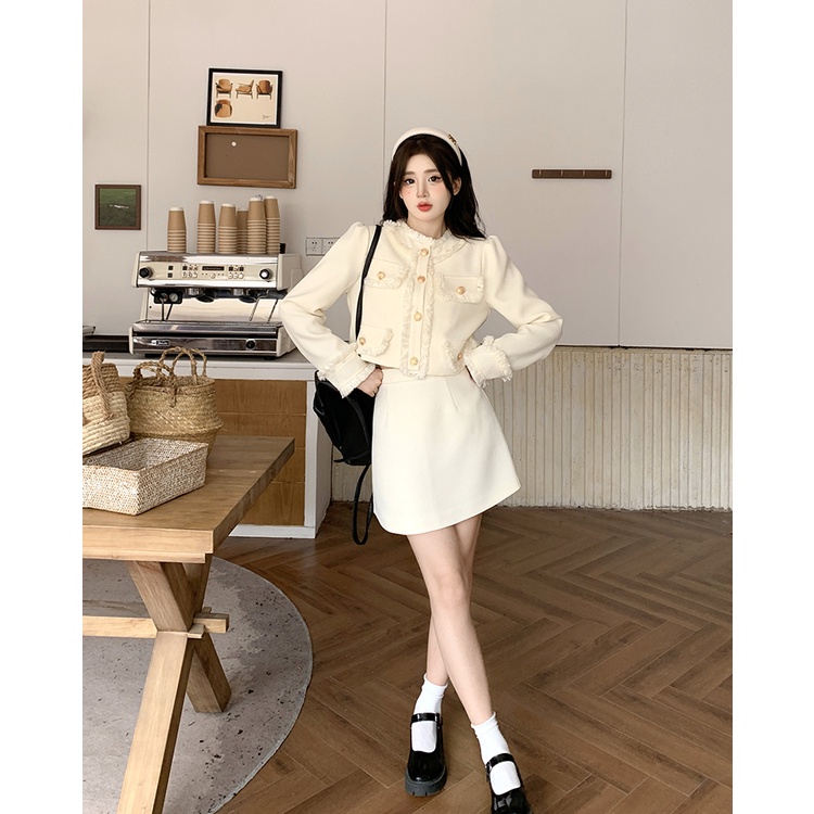 Set áo khoác tay dài + chân váy xẻ tà phong cách Hàn Quốc thời trang cho nữ