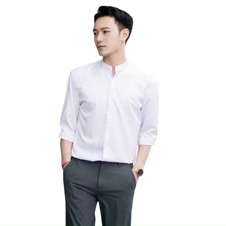 Sơ mi nam cổ tàu trắng dài tay công sở cao cấp Hamino chất lụa đẹp form slimfit ôm dáng thời trang Hàn Quốc cổ trụ B | BigBuy360 - bigbuy360.vn