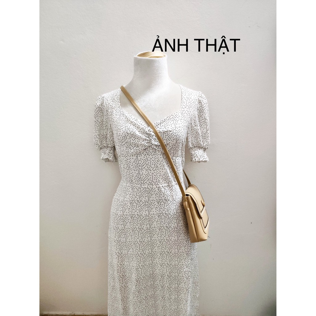 Váy maxi tay bồng cổ vuông chấm bi xẻ tà