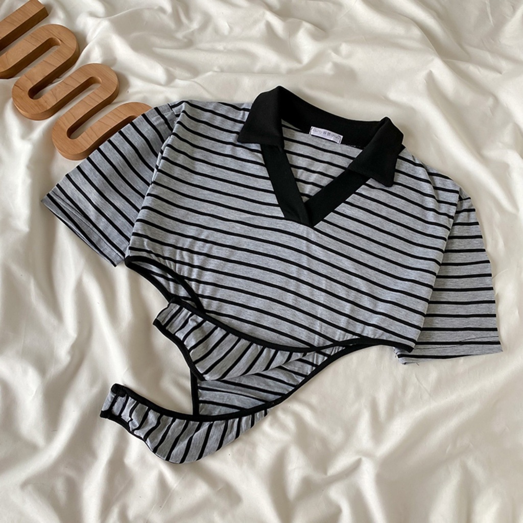 ☽☃ Áo Croptop liền thân bodysuit kẻ cộc tay cổ V cá tính ALT18 | BigBuy360 - bigbuy360.vn