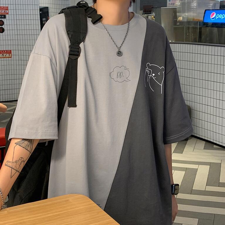 Áo Thun Ngắn Tay Dáng Rộng Phối Màu Tương Phản Thời Trang Hàn Quốc Cho Nam