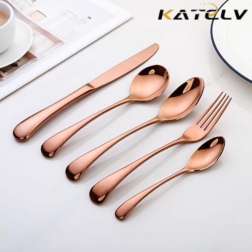 Ready Stock High Quality New Arrival Rose Gold Flatware set Cutlery set Stainless Steel Reusable Spoon Fork Knife Round Spoon Tea Spoon