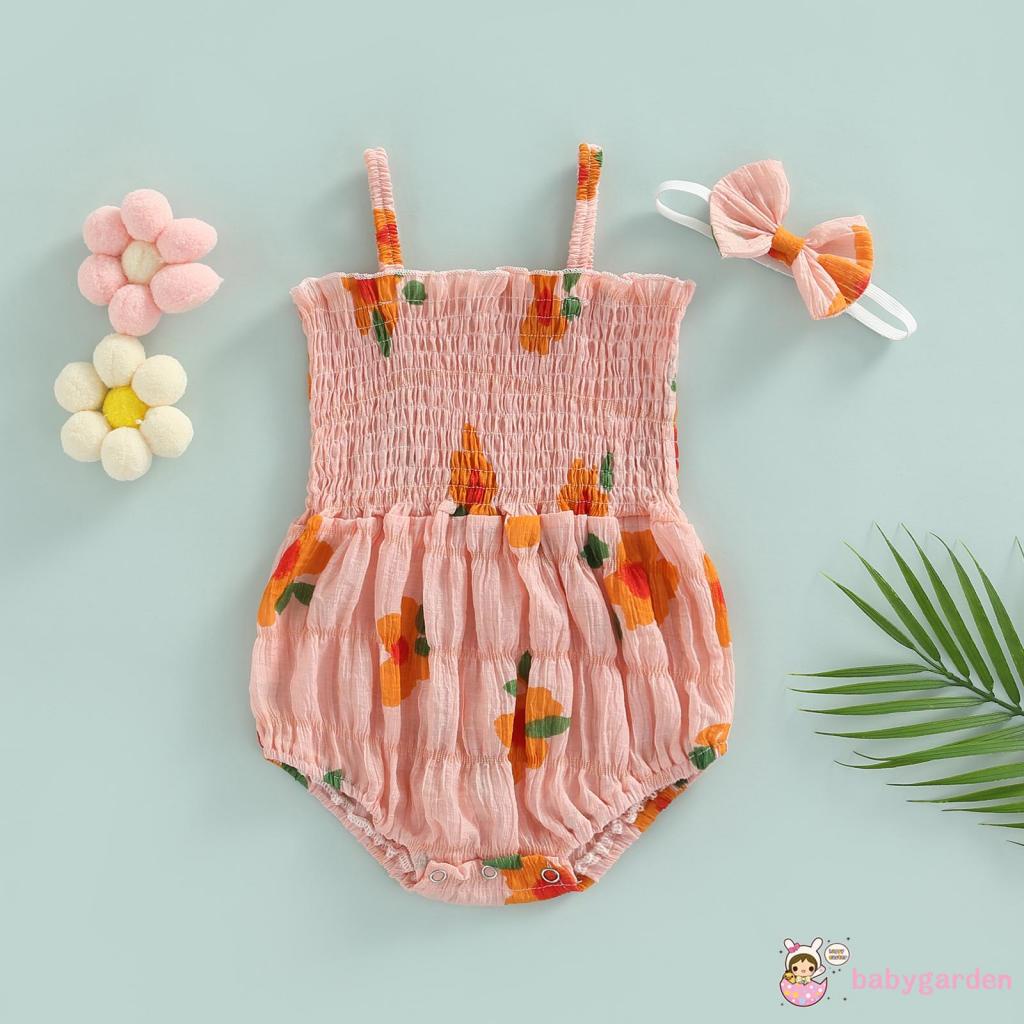 Bộ Áo Liền Quần Hai Dây + Băng Đô Co Giãn In Họa Tiết Hoa Cho Bé Gái 0-24 Tháng Tuổi